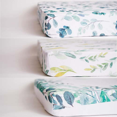 NODNAL CO. Green Leafy Cotton Crib Fitted Sheet Set, 100% OEKO-TEX Cotton, 3 Pieces, for Baby Girl or Boy Infant/Toddler Nursery Bedding, Gender Neutral Leafs, Greenery, Floral Eucalyptus