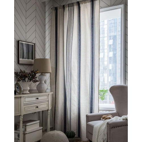 Navy Striped Window Curtains Panel Vintage Farmhous Cotton Linen Curtains with Tassels Rod Pocket Window Drapes for Living Bedroom,1 Panel, 59"x87"
