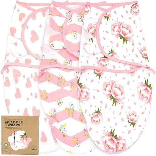 Bublo Baby Swaddles for Newborns – 3-Pack Infant Swaddles 3-6 Months – Adjustable Swaddle Sleep Sack – Soft Organic Cotton Baby Wrap for Safe & Cozy Sleep (Hearts-Flowers)