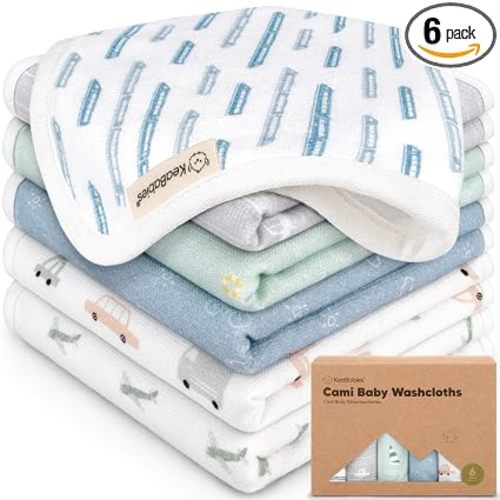 6-Pack Cotton Baby Washcloths for Newborn - Organic Cotton Muslin Soft Wash Cloths for Babies, Infant, Kids, Toddler Towels for Boy, Girl, Super Absorbent Face Cloths, Scratch-free Baby Rags (Vessels)