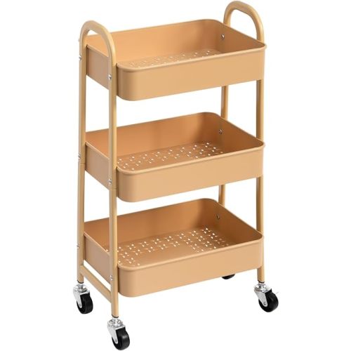 AGTEK 3-Tier Rolling Carts with Wheels, Rolling Utility Cart with Iron Frame for Kitchen, Plastic Shelves, Living Room, Office, Khaki