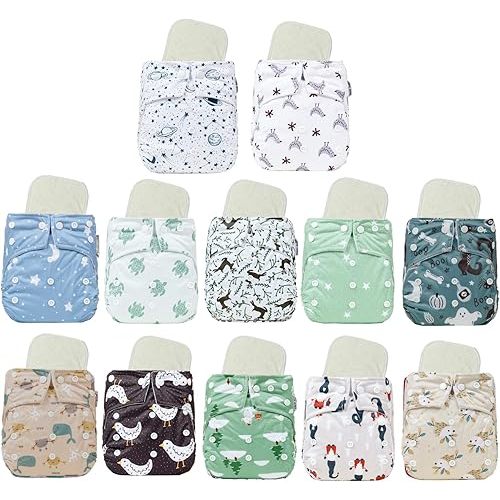 12 KaWaii Baby One Size Printed Snap Pocket Cloth Diapers with 12 One Size Premium 5-Layer Bamboo Inserts, Washable, Reusable, Newborn thru Potty Trained