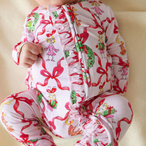 Dr. Seuss Cindy Lou Bows Footie Ruffled Zippered One Piece
