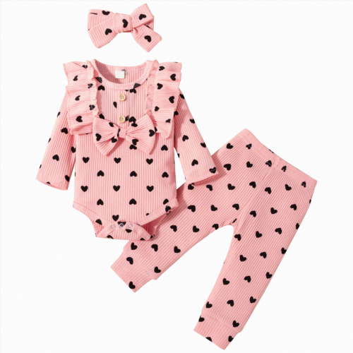 CAICJ98 Infant Newborn Baby Girl Clothes Fall Winter Outfits Ruffled Long Sleeve Romper Pants Set Headband Toddler Clothing 3Pcs (Pink,6-9 Months)