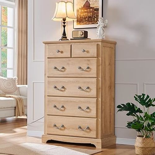 T4TREAM 6 Drawers Dresser Chests for Bedroom, 48" Tall Rustic Chset of Drawers, Wood Dressers Organizer for Bedroom, Living Room,Hallway, Natural Oak