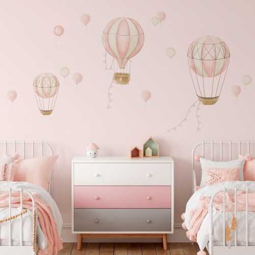 Pink Hot Air Balloon Wall Decals with Balloons – Kids Nursery Decor