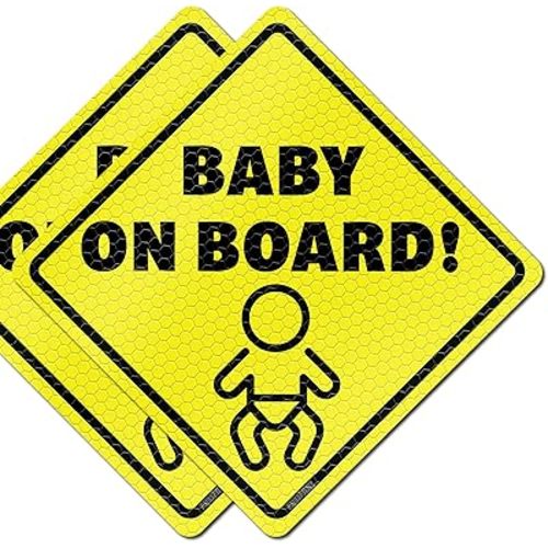 Baby On Board Signs for Cars - Reflective Magnet Sign for Bumper - 2 Pack, 5.5” by 5.5” - Magnetic Sticker Safety Signs, Cute Baby in Car Accessories