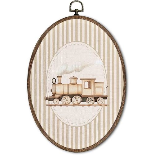 FLAWAFLOMA Vintage Train Nursery Oval Wall Art Decor, Kids Room Canvas Wall Art Framed, Retro Train Hanging Decorations for Kids Toddler Boy Girl Nursery Room Bedroom Decor, 8.6x11.4 Inch