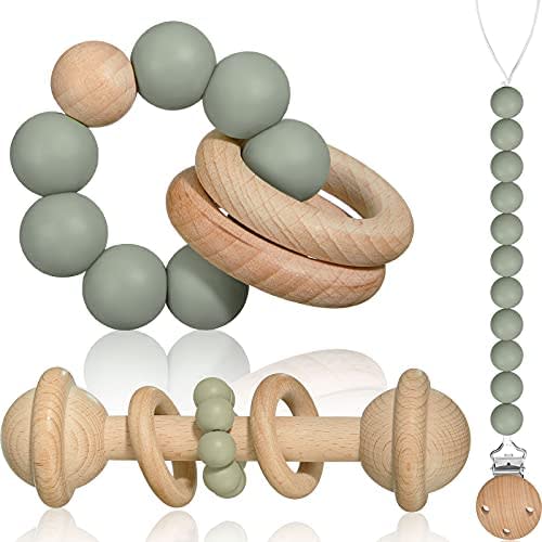3 Pieces Wooden Baby Toy Silicone Baby Teething Circlets with Pacifier Holder Clip Wooden Baby Rattle Baby Teething Toy Pacifier Holders Wooden Teething Rattle Toys for Newborn (Sage)