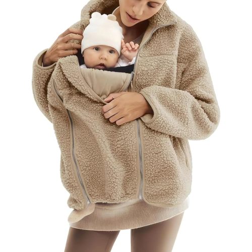 Women's Fleece Zip Up 2 in 1 Baby Wearing Jacket Maternity Winter Coat Thicken Kangaroo Sweatshirt