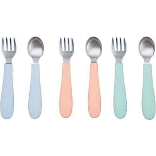 WeeSprout Toddler Utensils, 3 Forks & 3 Spoons, 18/8 Stainless Steel & Food Grade Silicone, Thick Easy-Grip Handles, Perfect Length For New Self Feeders, Gentle On Gums & Teeth, Dishwasher Safe