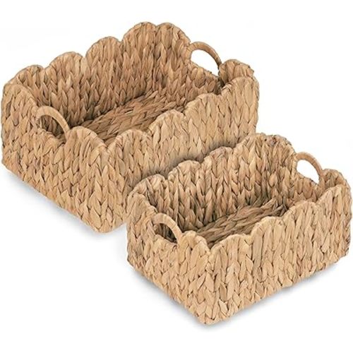 Scalloped Wicker Basket, Set of 2 Woven Rattan Natural Water Hyacinth Baskets with Built-in Handles, Rectangle Storage Baskets for Organizing, Decor, Shelf and Nursery Room
