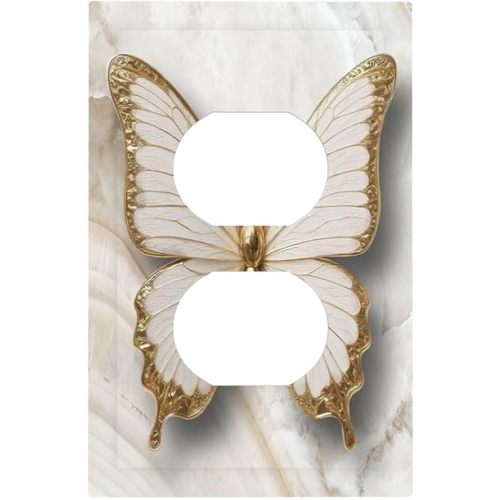 Luxurious White Gold Marble Butterfly Abstract Modern Outlet Covers 1 Gang Duplex Light Switch Cover Decorative Switch Plates Electrical Receptacle Faceplate Wall Plate for Bedroom Bathroom Decor