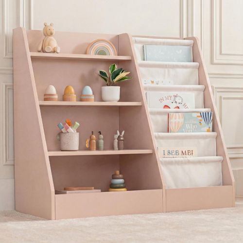 Comfy Cubs Kids Bookshelf 35.2 x 15.7 x 31.5 Inches - Sturdy Montessori Shelf with Soft & Hard Shelves - Blush