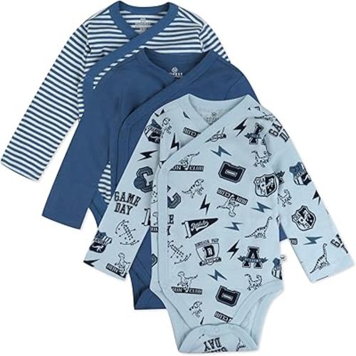 HonestBaby Baby 3-pack Long Sleeve Side-snap Kimono Bodysuits Organic Cotton for Infant Baby Boys, Girls, Unisex