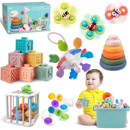 Baby Toys for 6 to 12 Months, Montessori Sensory Bins & Teething Toys, 6 in 1 Stacking Blocks, Rings, Eggs, Spinner, Crab Shape, 27 Pieces, Ages 6-36 Months