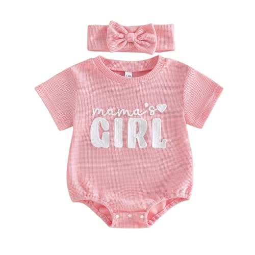 Baby Girl Clothes Mamas Girl Outfit Cute Letter Embroidered Waffle Bubble Romper Onesie Tee Shirt