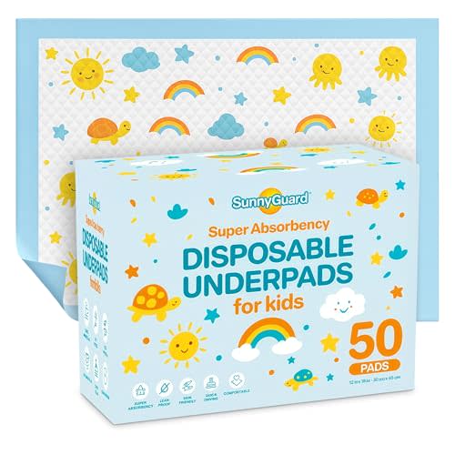 SunnyGuard Disposable Changing Pads for Baby 13 x 18 Inches, 50 Diaper Changing Pad with Unique Design & 6 Layers of Protection for Nursery Use, Travel Changes & Pee Pad Protection, 33 x 46 CM