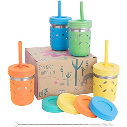 Elk and Friends 10oz Stainless Steel Kids + Toddler Drinking Cups | The Original Mason Jar with Sleeves + Lids | Silicone Straws | Smoothies | Storage Jar | Spill Resistant | Dishwasher Safe | 4 Pack