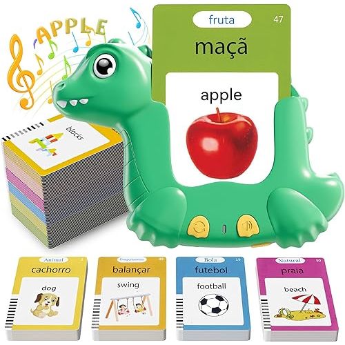 Portuguese and English Talking Flash Cards for Kids, 510 Sight Words Bilingual Learning Toys for Toddlers, Brazilian Portuguese Alphabet Flashcards Pocket Speech Therapy Toys, Dinosaur Shaped