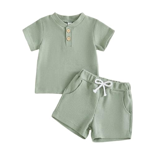 Toddler Baby Boy Summer Clothes Button Waffle Short Sleeve T-Shirt Top Elastic Waist Shorts Set 2Pcs Infant Outfit