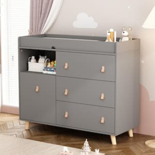 4-Drawer Gray Wood Kids Dresser Changing Table Dresser Storage Cabinet With Shelves 38 in. H x 45 in. W x 18 in. D