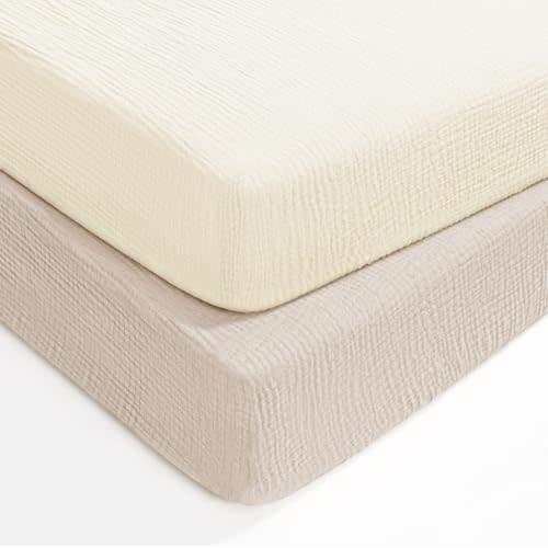lulumoon Muslin Crib Sheets for Baby: Fitted for Standard Crib Mattress | Soft Cotton for Baby's Cozy Sleep - Breathable Keeps Baby Cool & Dry All Night - Neutral for Boys and Girls 52x28 inch 2Pack