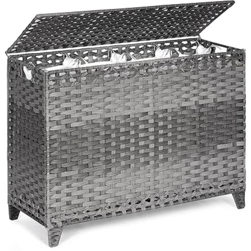 Laundry Hamper with 4 Removable Liner Bags; 176L Handwoven Rattan Laundry Basket with Lid & Heightened Feet; Clothes Hamper with Side Handles(Gray)