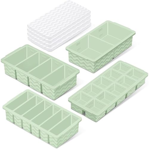 Silicone Freezer Trays with Lid (4-Pack), 1-Cup, 2-Cup, 1/2-Cup & 2-Tbsp Silicone Freezer Molds, Stackable Soup Freezer Meal Prep Containers,Ice Cube Tray for Making Sauce,Smoothies,Yogurt Bites