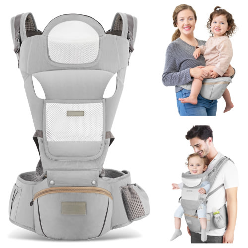 OTDLIGHT Baby Carrier with Hip Seat, Ergonomic M Position 6 in 1 Baby Wraps Carrier Adjustable Holder Newborn to Toddler with Head Support and Breathable Mesh Gray