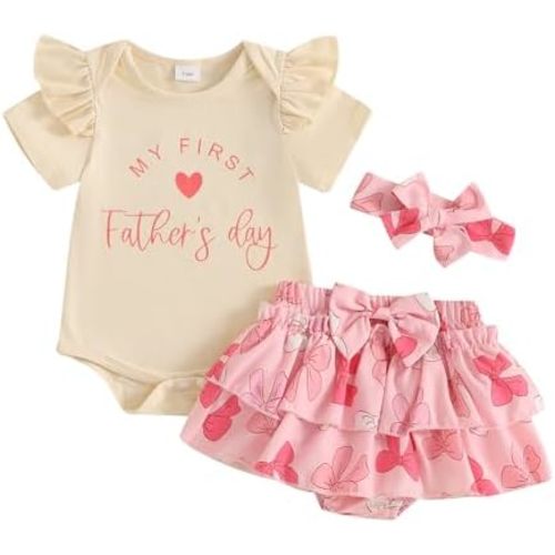 My First Fathers Day Baby Girl Outfit Letter Short Sleeve Romper Ruffle Layered Bow Shorts Cute Clothes+Headband