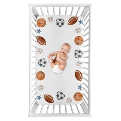 Sweet Jojo Designs Sports Theme Boy Photo Op Fitted Crib Sheet Watercolor Soccer Balls Football Baseball Basketball Blue Stars