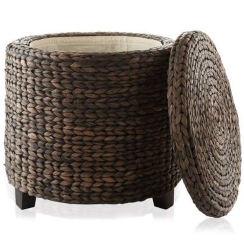 Casafield 17" Round Storage Ottoman with Lid - Espresso, Handwoven Footrest for Living Room, Bedroom, Bathroom, Home Office