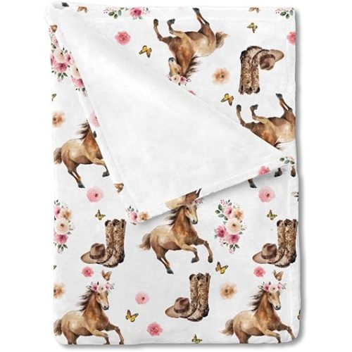 HawSkgFub Horse Rose Floral Baby Blankets Girls Shower Gift, Western Cowgirl Hat Boots Pink Flower Fleece Nursery Bed Receiving Swaddle, Wild West Soft Newborn Infant Toddler Kids Crib Bedding 30 x 40