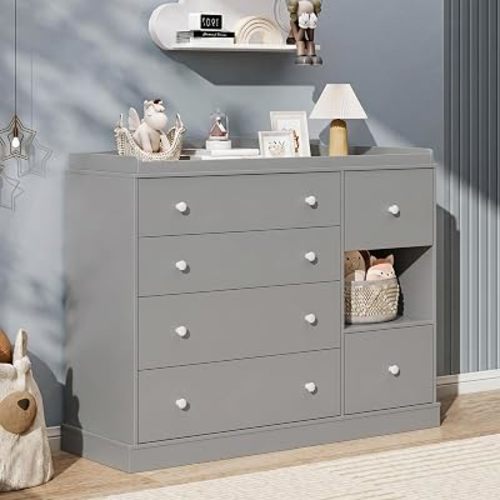 Kids Dresser Cabinet with 6 Drawers, Changing Table for Nursery with Shelf, Multi-Functional Chest of Drawers, Kids Bedroom Furniture, Nightstand for Children's Room, Grey