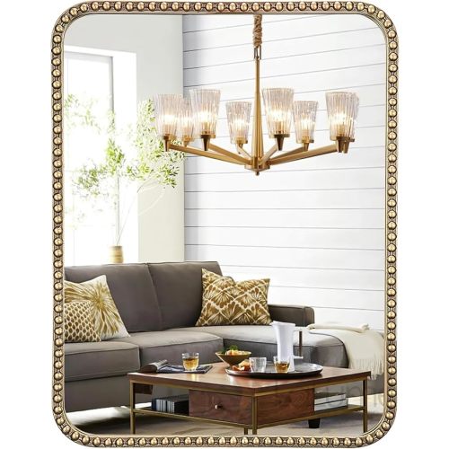 24"x32" Champagne Bronze Mirrors for Bathroom, Antique Brass Bathroom Wall Mirror with Beaded Frame, Champagne Bronze Vanity Mirror for Ornate Mantle Bedroom