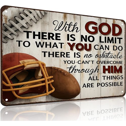 Football Gifts With God There's No Limit Quotes Inspirational Tin Sign for Boys Room Man Cave Bedroom Living Room Decor 8 x 12 Inches(3992)