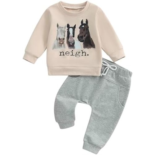 Pudcoco Toddler Baby Boys Girls Fall Clothes Farm Animal Outfit Horse Cow Chicken Sweatshirt and Jogger Pants Set