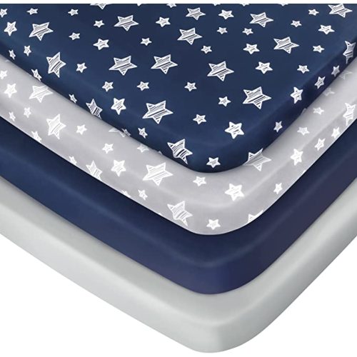 Pack and Play Sheets Boys, 4 Pack Mini Crib Sheets, Stretchy Pack and Play Playard Fitted Sheet, Compatible with Graco Pack n Play, Soft and Breathable Material, Navy