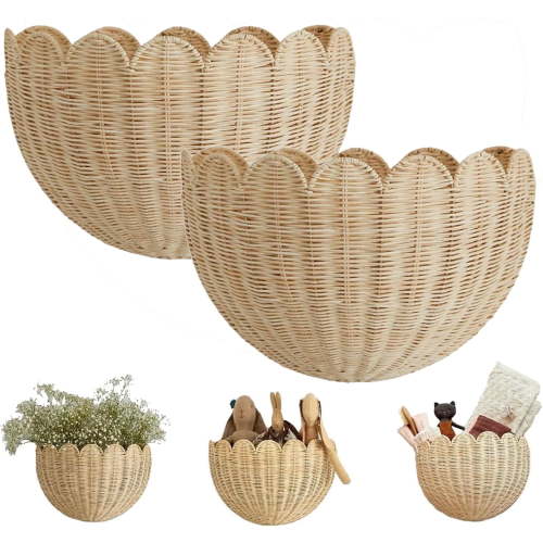 Scalloped Wall Basket,Hanging Hand Woven Wicker Wall Basket with Metal Frame & Hook, Scalloped Rattan Wall Storage & Decor for Home,Kitchen,Living Room (16"x7"x10"(2pcs))