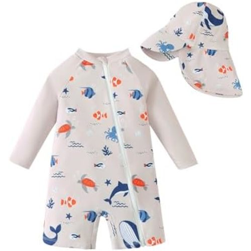 Baby Boy Swimsuit Rash Guard Swimwear Zipper Toddler Boy One Piece Bathing Suit With Hat Sun Protection Sunsuit