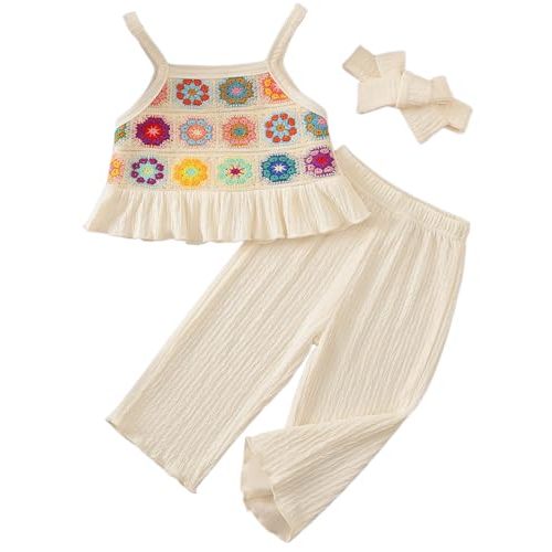 Voonlie Toddler Baby Girl Summer Clothes Outfits Crocheted Ruffle Camisole Pants Kids Clothing Set
