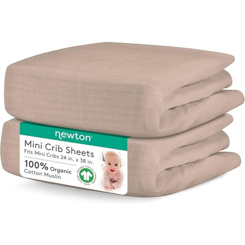 Newton Baby Fitted Mini Crib Sheets (2-Pack) | Organic Muslin Cotton, Breathable & Soft Baby Sheets, Washable Baby Mattress Sheets, Fits Mini Crib Mattresses 24" x 38", Clay