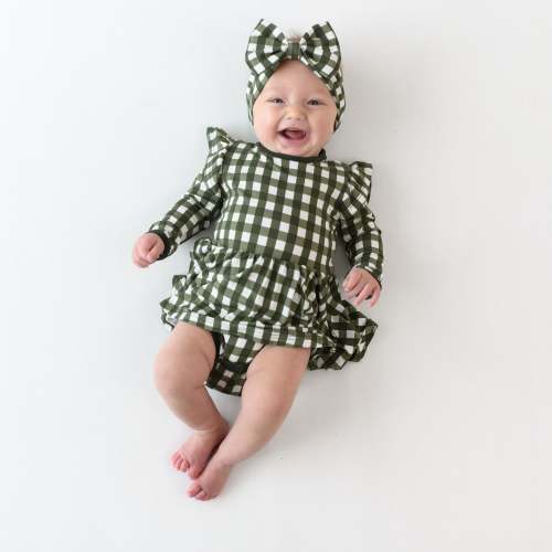 Long Sleeve Twirl Bodysuit Dress in Gingham Fir