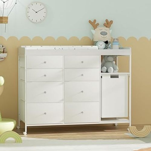 Mobile Nursery Dresser with Changing Table Top and 1 Laundry Hamper Baby Changing Table with 8 Fabric Drawers and 4 Movable Wheels Diaper Changing Station for Nursery, White