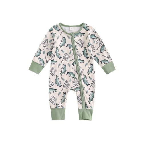Qtinghua Newborn Baby Girl Boy Clothes Fishing Long Sleeve Bubble Romper Zip Up Jumpsuit One Piece Cute Fall Winter Outfit