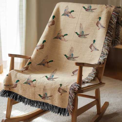 Soft Mallard Duck Woven Throw Blanket, Rustic Cabin Decor, Cozy Hunting Lodge Gift For Dad, Wildlife Tapestry Blanket for Duck Lover