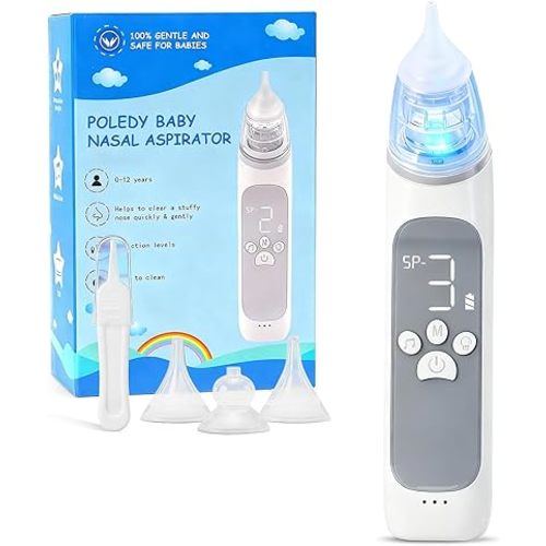 Electric Nasal Aspirator for Baby,POLEDY Waterproof Nose Sucker for Toddlers, Nose Cleaner with 3 Silicone Tips,3 Adjustable Suction Levels, Baby Booger Sucker with Music-Light Soothing Feature