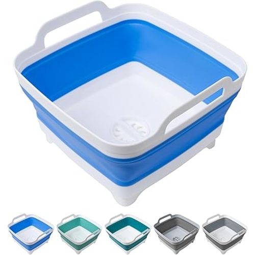 Tiawudi Dishpan for Washing Dishes, 2.4Gal/9L Wash Basin with Draining Plug Carry Handles, Collapsible Bucket for Cleaning, Portable Sink, Foldable Plastic Tub, 1PC