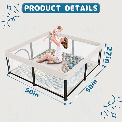 Semoprus Baby Playpen, Portable Indoor Outdoor Play Area with Balls, Beige, 50x50x27 Inch, Quick Fold Design, Mesh Safety Panels, for 0-36 Months